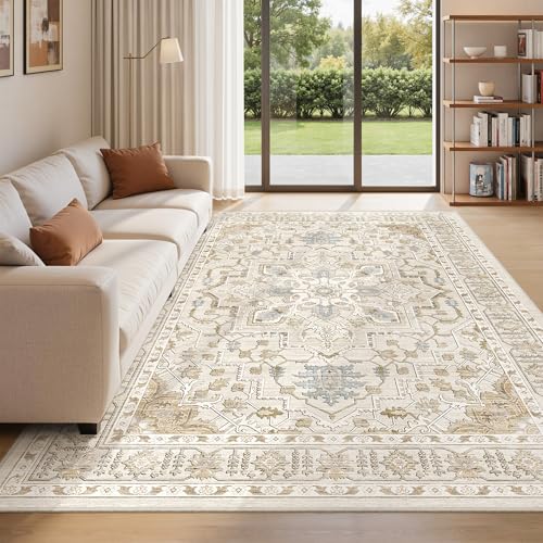 befbee 6x9 Area Rug for Living Rooms, Stain Resistant Neutral Washable Rugs for Dining Rooms, Floral Vintage Non-Slip Thin Large Size Area Rugs(Beige) - color: Beige, size: 6' x 9' (Rectangular)