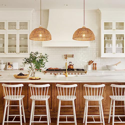 Boho Pendant Light Fixture Kitchen Chandelier Rattan Hanging Light Flush Mount Ceiling Light Boho Lamp Shade Wooden Base Bohemian Chandeliers for Hallway Bedroom Chandelier Dinning Light Fixture - color: Brown-Pendant light