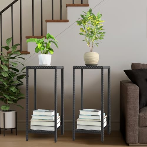 Outdoor Plant Stand 2 Tier Shelf for Patio Flower Pot Planter Stand Holder with Wicker Poly Lumber Shelves 31" Tall Corner Plant Display Rack with Adjustable Feet Heavy Duty for Balcony Porch Black