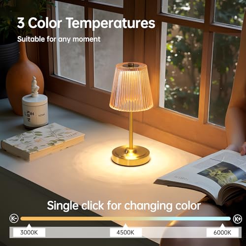 Shenmoyl Cordless Touch Table Lamp with 5200mAh Battery - 3 Adjustable Color Temperatures & Dimmable, Rechargeable Desk Lamp for Bedroom, Living Room, Office, Entryway, Bookshelves (Amber Stripe) - color: Amber Stripe