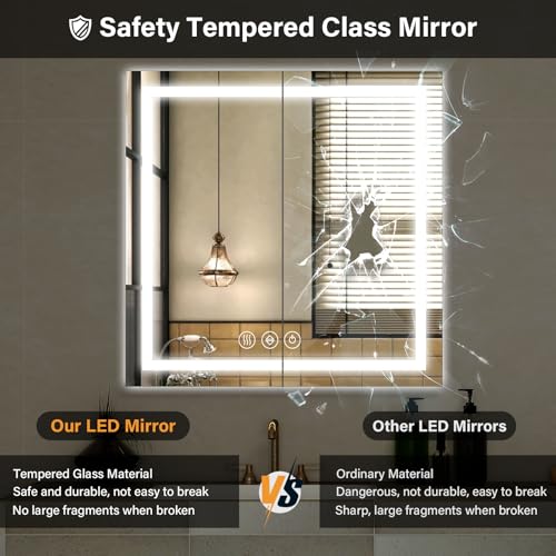 XRAMFY 47"x 47" LED Bathroom Mirror, Backlit + Front Lit, LED Bathroom Mirror with Lights for Wall, 3 Colors, Anti-Fog, Dimmable Brightness, Tempered Glass - size: 47"L x 47"W