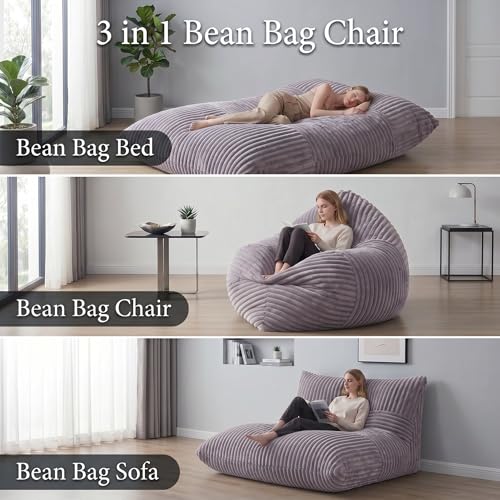 3 in 1 Bean Bag Chair with Memory Foam Filler, Beanbag Chairs for Adult with Washable Cover, Fluffy Oversize Bean Bag Chair Reading Lounger for Bedroom & Living Room (Grey) - color: Grey