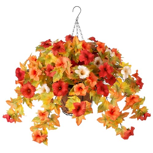 Ammyoo Artificial Fake Fall Flowers with Hanging Basket Plants for Outdoor Decoration, Silk Faux Flower UV Resistant Petunias for Home Porch Patio Garden Balcony Yard Decor Real Looking(Orange White) - color: Orange White Basket, size: 3 Pcs with Basket