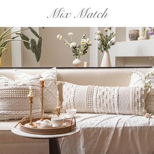BlissBlush Cream Decorative Lumbar Throw Pillow Cover 14x36 Boho Long Cushion for Bed Neutral Beige White Accent Modern Farmhouse Pillowcase for Bedroom Living Room Couch Sofa Home Décor Cover ONLY - color: Cream White, size: 36" x 14" (Pack of 1)