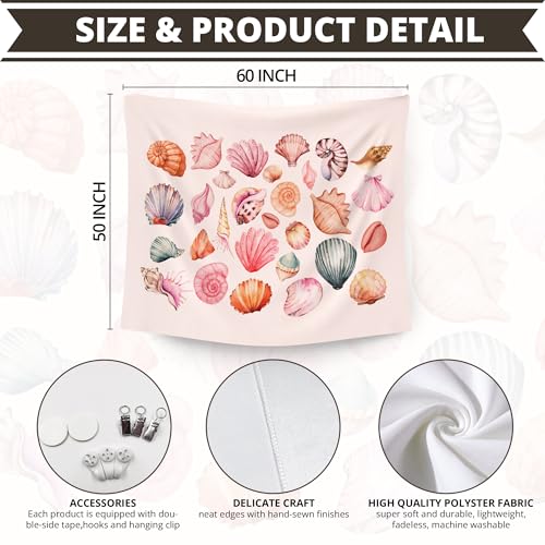 WAITPI Pink Beach Coastal Tapestry Wall Hanging for Bedroom, Ocean Seashell Wall Tapestries, Pink Beach Coastal Walls Hanging Room Decor Tapestry for Girls Women Home Living Room Dorm 50x60 inch - size: 60"L x 50"W