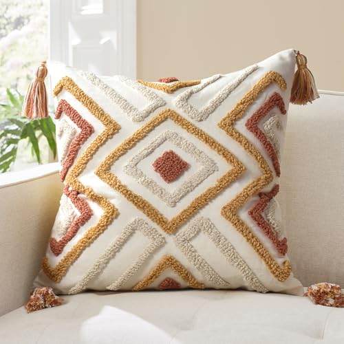 Boho Pillow Covers 18X18 Inch Boho Tufted Throw Pillow Covers Decorative Tassels Cushion Cover Farmhouse Pillow Case for Couch Sofa Bed Living Room Bedroom, Rust - color: Boho Multi-rust, size: 18" x 18" (Pack of 1)
