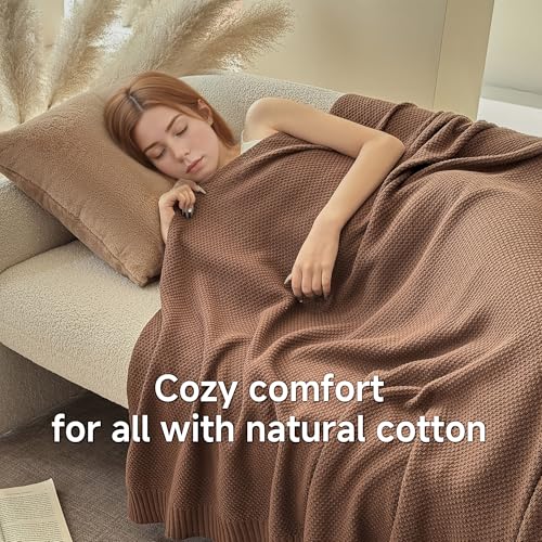 Simple&Opulence 100% Cotton Throw Blanket, Solid Color Cable Knitted Blanket Super Soft Comfortable Breathable Decorative Farmhouse for Couch Sofa Bed, All Season Use(Coffee,50x60) - color: Coffee, size: Throw 50x60"