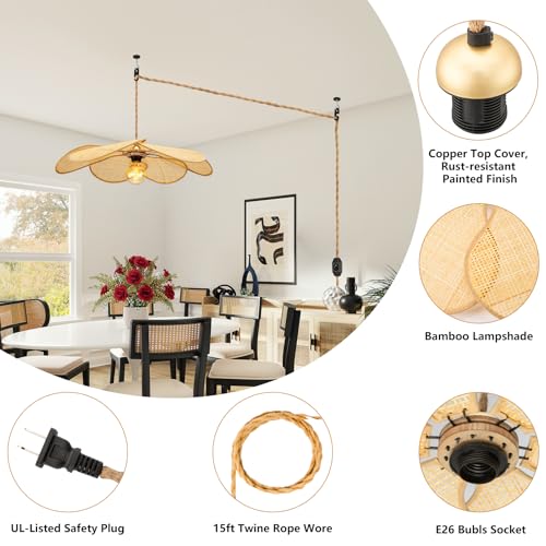 Bamboo Plug in Pendant Light, 24 Inch Flower Handwoven Rattan Lampshade Stepless Dimmable Boho Chandelier, 11.3 ft Plug in Hanging Lamp for Hallway Kitchen Island Dining Room Bedroom(Not Bulb)