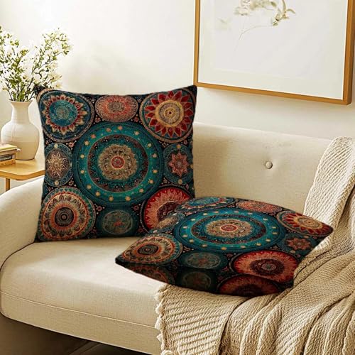Firmiso Boho Mandala Throw Pillow Covers 18x18 Set of 2｜Decorative Cushion Covers for Couch Sofa Bed｜Teal Orange Medallion Pillow Cases｜Moroccan Bohemian Home Decor - color: Boho Mandala