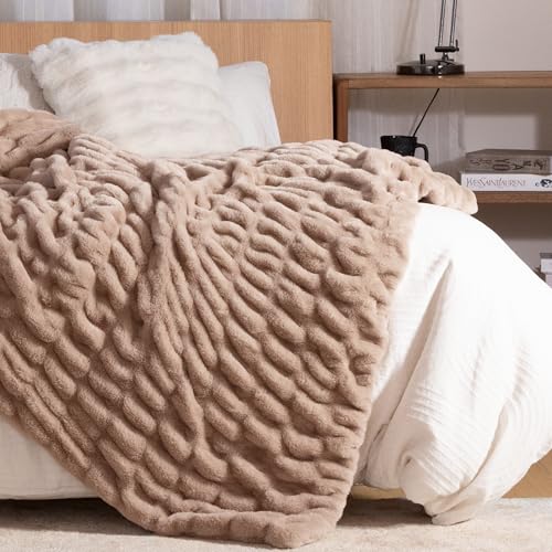 Faux Rabbit Fur Throw Blanket, Soft Plush Cozy Blanket for Couch Bed, Thick Fluffy Ruched Decorative Blanket,Giftable,60"x80",Light Brown - color: Light Brown, size: Twin(60"x80")