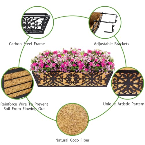 2 Pack 24 Inch Window Boxes Planters Railing Planter Box with Adjustable Brackets & Coco Liners Fabric Plant Grow Bags Deck Railing Planter Boxes Balcony Hanging Flower Box for Outdoor Plants - color: 2 Pack-black, size: 24 Inch