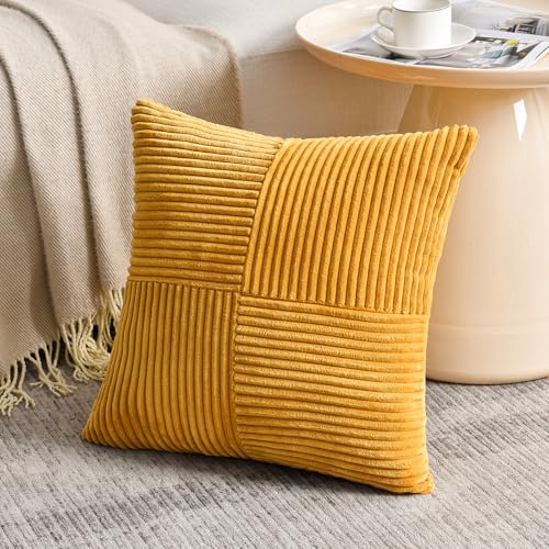 Fancy Homi 2 Packs Gold Yellow Samll Decorative Throw Pillow Covers 12x12 Inch with for Couch Bed Sofa, Farmhouse Boho Spring Home Decor, Soft Corss Patchwork Corduroy Square Cushion Case 30x30 cm - color: Gold Yellow, size: 12" x 12" (Pack of 2)