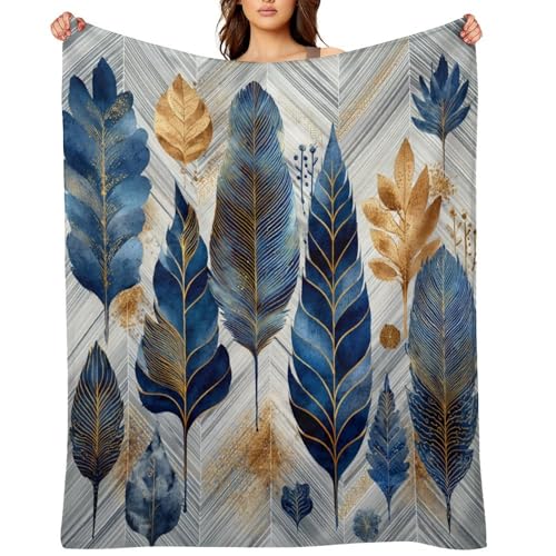Blanket Luxury Feather Leaf Plant Blue Throw Blanket for Women Men, 60"x80" Golden Foliage Plush Flannel Throws, Decor for Bed Couch Bedroom - color: Luxury Feather Leaf Plant Blue, size: 60"x80"