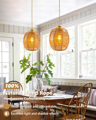 Boho Rattan Pendant Light, Hand-Woven Rattan Pendant Lighting, 4.7″ Small Wicker Chandelier, Woven Hanging Light Fixture for Kitchen Island Dining Room Bedroom Hallway - color: 4.72″-Drum-shape