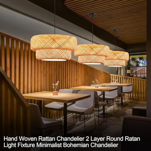 18.12 Inch Bamboo Pendant Light Hand Woven Dining Room Lights Wicker Hanging Bamboo Light Fixture for Living Room Kitchen Bedroom Coffee Restaurant Hallway - color: Bamboo 2-Tier, size: 18.12 inch-2 Layer