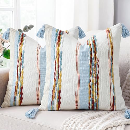 PANOD Chenille Farmhouse Throw Pillow Covers 18 x 18 Blue Brown, Neutral Boucle Couch Pillow Cover, Striped Decorative Boho Coushion Cover Pillow Case for Couch Bed Sofa Bedroom,Modern Accent,Set of 2 - color: Light Blue Tone, size: 18" x 18" (Pack of 2)
