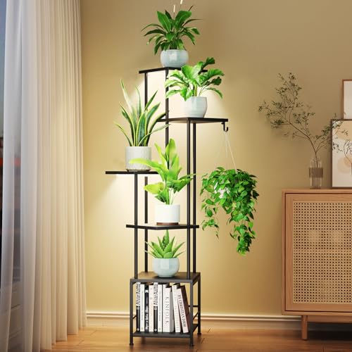 Homsorout Plant Stand Indoor with Grow Light - 6-Tier Metal Plant Shelf with Hanging Basket Hook, Corner Tall Flower Holder for Multiple Plants, Living Room Balcony Garden Patio, Black - color: Black, size: 6-Tier