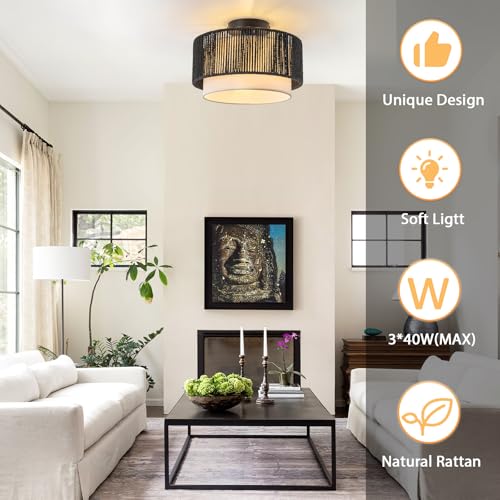 SineRise 12'' Rattan Flush Mount Ceiling Light Fixture,2-Tier Drum Hand-Woven Boho Flush Mount Ceiling Light,Farmhouse Light Fixture for Living Room,Kitchen,Bedroom Foyer Entryway ect.（Black） - color: Black, size: Small Ceiling