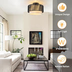 SineRise 12'' Rattan Flush Mount Ceiling Light Fixture,2-Tier Drum Hand-Woven Boho Flush Mount Ceiling Light,Farmhouse Light Fixture for Living Room,Kitchen,Bedroom Foyer Entryway ect.（Black） - color: Black, size: Small Ceiling