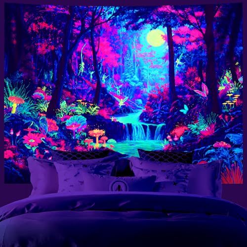 AOHMPT Blacklight Tapestry Glow in the Dark Tapestry Lakeside Scene Design 79'' × 59'' Inch Wall Hanging Decor for Bedroom Living Room - color: Landscape, size: 79"L x 59"W