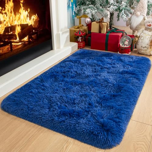 Kelarea Navy Blue Rug for Bedroom, 2x4 Fluffy Throw Rugs for Living Room, Small Soft Shag Fuzzy Carpet for Kids Boys and Girls Bedroom, Dorm, Nursery Rooms, Home Decor - color: Navy Blue, size: 2' x 6' (Rectangular)