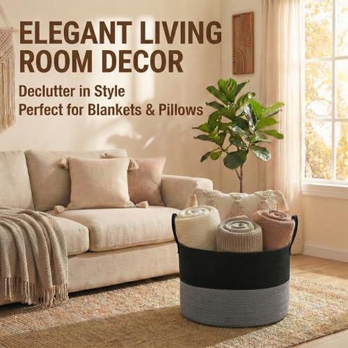 JMvicyroam 115L Extra Large Blanket Basket for Living Room - Woven Cotton Rope Laundry Hamper with Reinforced Handles - Storage Bin for Pillows, Comforters & Toys - Machine Washable, Black&Grey - color: Black&Grey, size: 115L