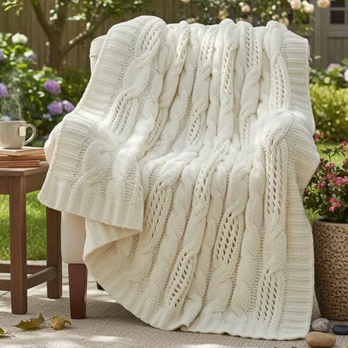 Amélie Home Chunky Knit Throw Blanket, Dual-Sided Soft Chenille Breathable Cable Knitted Blanket for Couch, Farmhouse Decorative Throw for Sofa & Chair, 50"x60", Ivory - color: Ivory, size: Cable Knit 50"x60"