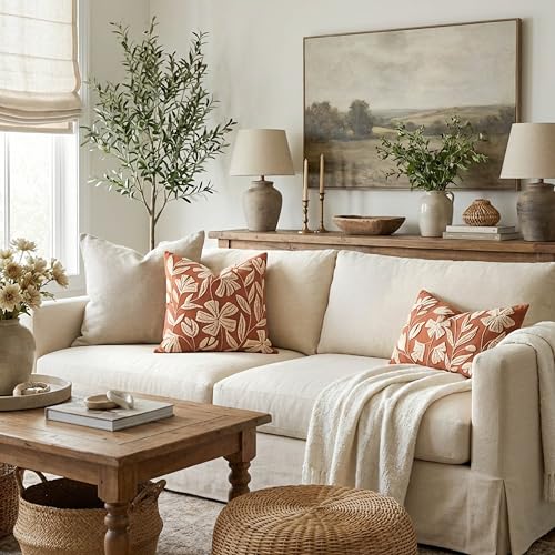 BlissBlush Lumbar Pillow Cover 12x20 Inch, Rust Terracotta Floral Tufted Velvet Decorative Accent Pillow Case for Sofa Bed Living Room, Cover Only - color: Orange Terracotta, size: 20" x 12" (Pack of 1)