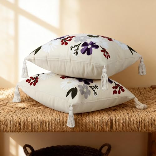 Floral Embroidered Pillow Covers 18x18 Inch Set of 1, White Daisy Decorative Throw Pillow Covers with Tassels, Spring Farmhouse Purple Flowers Cushion case for Couch Sofa Bed Living Room - color: Blooming Daisy