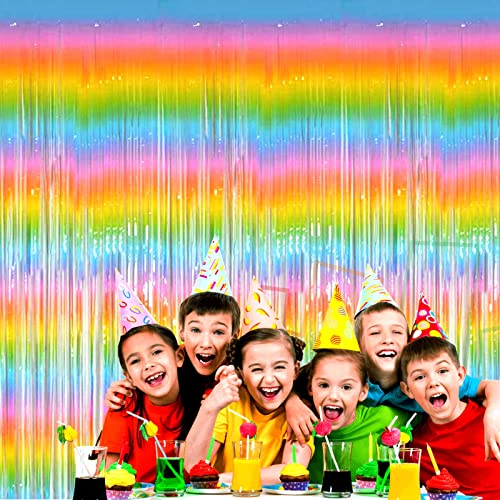 4 Pack Macaron Rainbow Foil Fringe Curtain Backdrop, 3.28Ft x 8.2Ft Metallic Tinsel Foil Fringe Streamer Curtains for Photo Booth, Birthday, Wedding, New Year’s, Easter Decorations Party Supplies - color: 4 Pack Rainbow