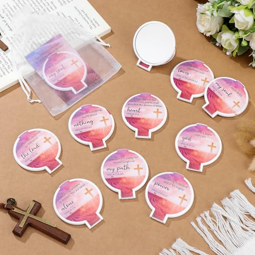 36 Sets Mini Christian Compact Mirrors for Women Inspirational Bible Verse Compact Round Mirror God Bless Mother Pocket Makeup Mirror Bulk Religious Gift for First Communion Church Baptism Party Favor