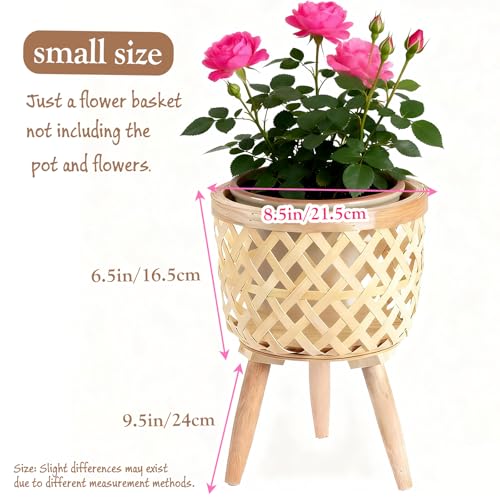 Boho Rattan Plant Stand – Handwoven Elevated Wicker Plant Baskets for Indoor Plants, Mid-Century Modern Wooden Planter Holder with Tripod Legs, Farmhouse Home Decor（small） - size: 1 pieces (S)