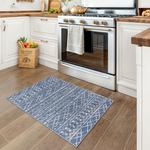 KUTA Moroccan Boho Entryway Rug, 2x3 Blue Beige Entrance Small Area Rug Non-Slip Washable, Ultra Soft Vintage Geometric Low-Pile Indoor Door Mat Floor Carpet for Kitchen - color: Blue Beige, size: 2' x 3' (Rectangular)