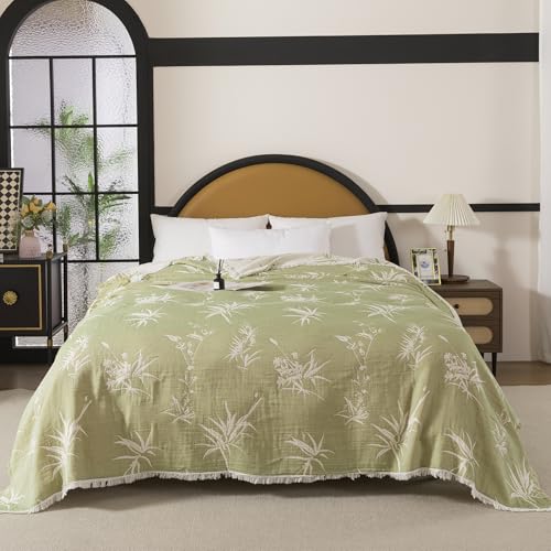 Lemfux 4-Layer 100% Cotton Muslin Cooling Blanket, Boho Floral Gauze Throw with Fringe, Ultra Soft Breathable Lightweight Bedspread Coverlet for Bed Sofa Couch - color: Green Leaves, size: 80"x90"