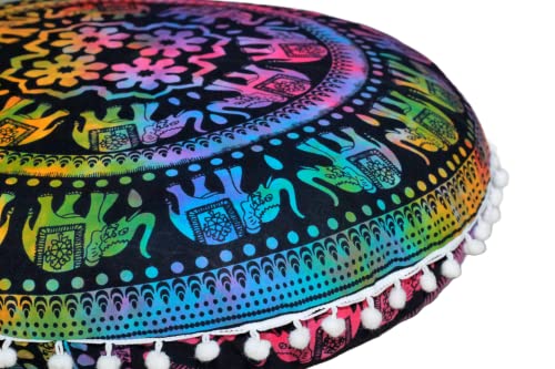 CRAFT KALA Mandala Floor Pillow Cushion Cover Seating Throw Cover Hippie Decorative Bohemian Ottoman Poufs Pom Pom Pillow Cases Boho Indian Cotton Living Room Home Décor 24" Round, Multi U.p Elephant - color: Multi U.p Elephant, size: 24" x 24" (Pack of 1
