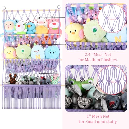 3 Tier Stuffed Animal Storage Shelf Net, 24x39 Inch Large Stuffy Storage w/ LED Light & Clips for Mini Medium Plushie Teddy, Purple Boho Macrame Wall Stuffed Animal Holder Display for Kids Girls Boys - color: Light Purple, size: Large-3 Tier-24x39 Inch
