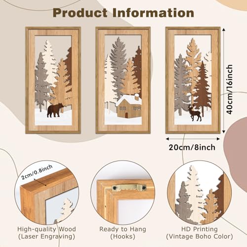 KAIRNE Winter Wooden Wall Art Set, 3pcs 8X16 Vintage Wood Wall Decor,Rustic Farmhouse Framed Wall Sculptures,Pine Deer Bear Wooden Hanging Decor for Living Room Bedroom Kitchen Office Decoration - color: Winter, size: 8"L x 16"W