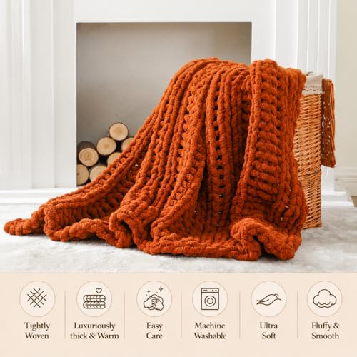 Battilo Chunky Knit Throw Blanket for Couch, Hand Made Chenille Throw Blanket, Super Soft Warm Cozy Caramel Blanket for Bed, Sofa, Living Room, 50"x60" - color: Caramel