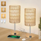 Bedside Lamps Set of 2 with Bulb, Touch Control Nightstand Lamp for Bedroom with Rattan & Linen Shade, 3 Way Dimmable Small Boho Table Lamps with USB Charging Port & Phone Stand - color: Faux wood-2pack