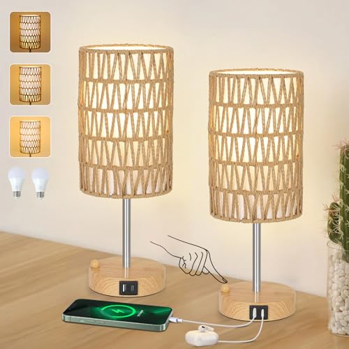 Bedside Lamps Set of 2 with Bulb, Touch Control Nightstand Lamp for Bedroom with Rattan & Linen Shade, 3 Way Dimmable Small Boho Table Lamps with USB Charging Port & Phone Stand - color: Faux wood-2pack