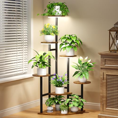 Corner Plant Stand with Grow Lights, 7 Tiered Plant Shelf Indoor, 43" Corner Plant Stands for Indoor Plants, Metal Plant Flower Display Shelves, Plant Organizer Rack for Living Room, Balcony, Home Decor（Round) - size: Round