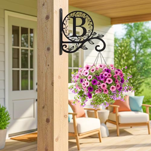 Metal Initial Letter B Plant Hanger Bracket, Decorative Wall Mount Hanging Plant Hook, Monogram Floral Leaf Garden Decor for Hanging Baskets, Bird Feeders, Lanterns, Wind Chimes - style: B