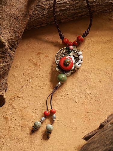 MINACHI Vintage Bohemian Colorful Ceramic Bead Antique Flower Y Necklace, Vintage Boho Hippie Statement Jewelry Gift for Women - color: S06
