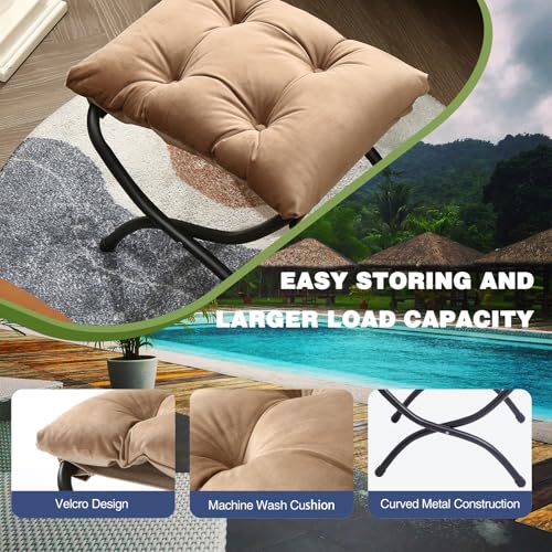 15" Foldable Foot Stool Ottoman with Metal Frame - Washable Khaki Upholstered Indoor/Outdoor Footrest for Living Room, Bedroom, Patio - Space-Saving Compact Design - color: Khaki