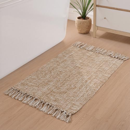 Collive Small Bathroom Rug, 2' x 3' Hand-Woven Low Profile Front Entryway Rug, Tan Cotton Reversible Washable Kitchen Mat Modern Farmhouse Carpet for Foyer Bedroom Back Door Decor - color: Tan/Cream, size: 2' x 3' (Rectangular)