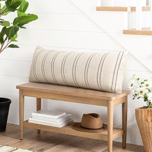 AELS 14x36 Decorative Lumbar Throw Pillow Covers, Farmhouse Linen Blend Textured Long Pillow Case, Beige with White & Black Stitch Boho Cushion Cover for Couch Living Room (Cover ONLY) - color: Beige With White & Black, size: 36" x 14" (Pack of 1)