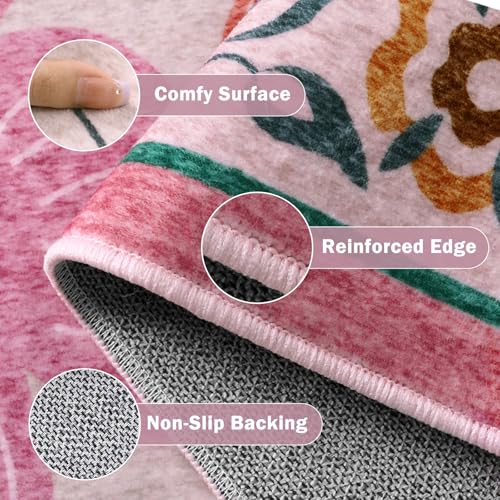 Beeiva Pink Rug 8 x 10 Rug for Living Room, Soft Washable Area Rugs Ultra Thin with Low Plie, Flower Large Non Slip Throw Carpet for Bedroom Nursery Playroom Classroom Décor (Pink,8'x10) - color: Pink, size: 8' x 10' (Rectangular)