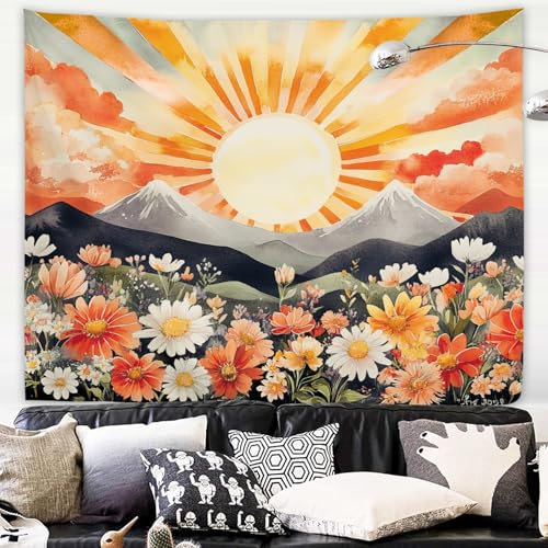 Yookeb Abstract Sun Flower Mountain Tapestry 59W by 51H Inch Wall Hanging Sunrise Sunset Watercolor Wildflower Landscape Bedroom Living Room Dorm Polyester Fabric Home Decor - color: Orange Blush Sun, size: 59"L x 51"W