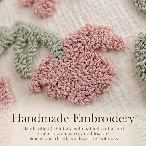 Embroidered Floral Throw Pillow Covers 20x20 Inch Set of 2, Chenille Summer Pillowcase with 3D Tufted Pink Flowers Green Leaves, Boho Decorative Cushion Covers for Couch Sofa Bed - color: Pink Cyan, size: 20" x 20" (Pack of 2)
