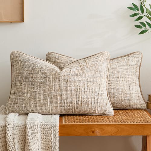 a moment Khaki Reversible Pillow Covers 2 Pack - Farmhouse Chenille Throw Pillows, Neutral Textured Decorative Throw Pillow Covers with Border for Couch Sofa Bed (12x20 Inch, No Insert) - color: Khaki, size: 20" x 12" (Pack of 2)